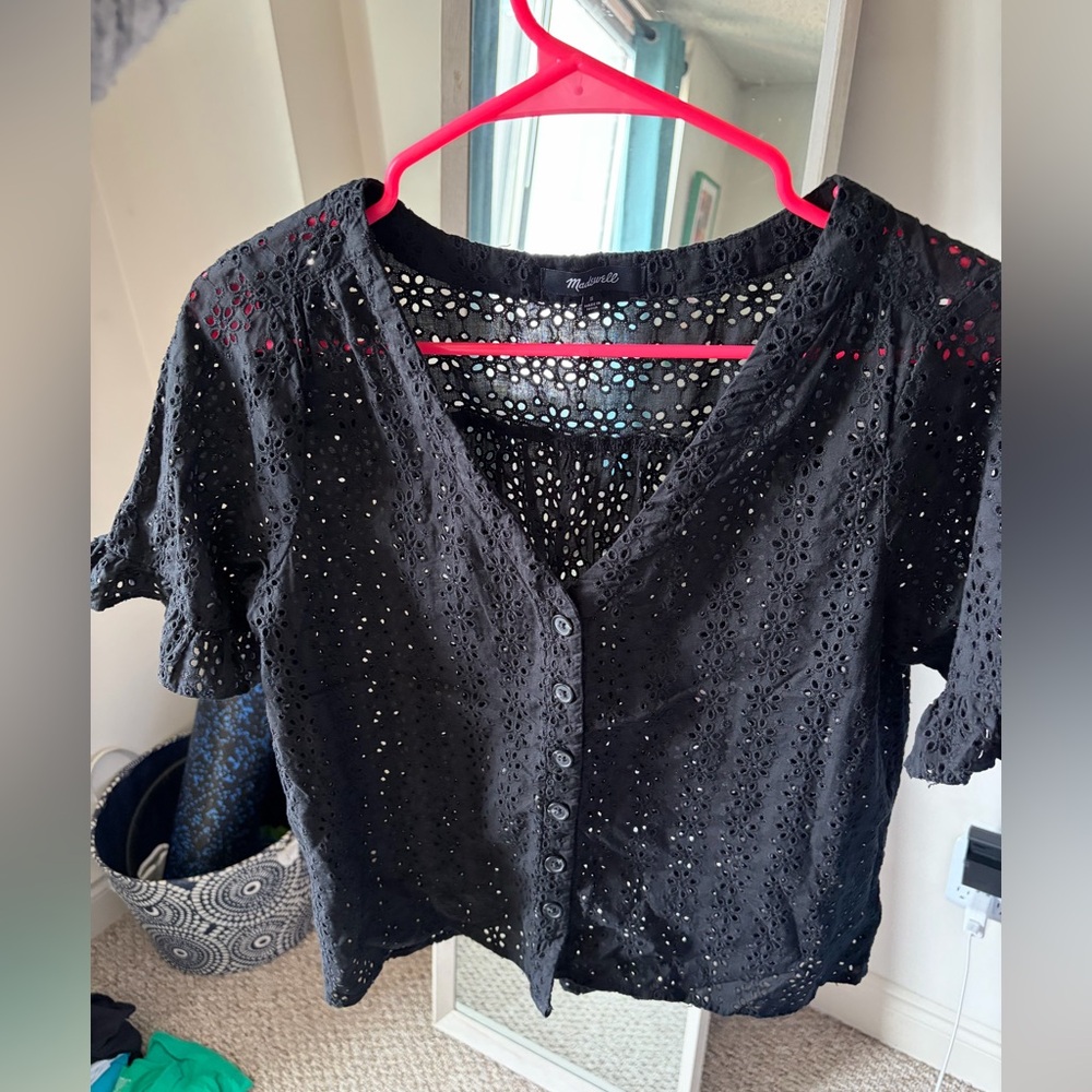 Madewell Black Eyelet Button-Front Blouse Size S